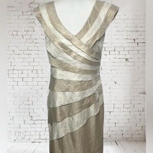 NWT London Style Collection Champagne Gold Tiered Ruffle Dress Size 10